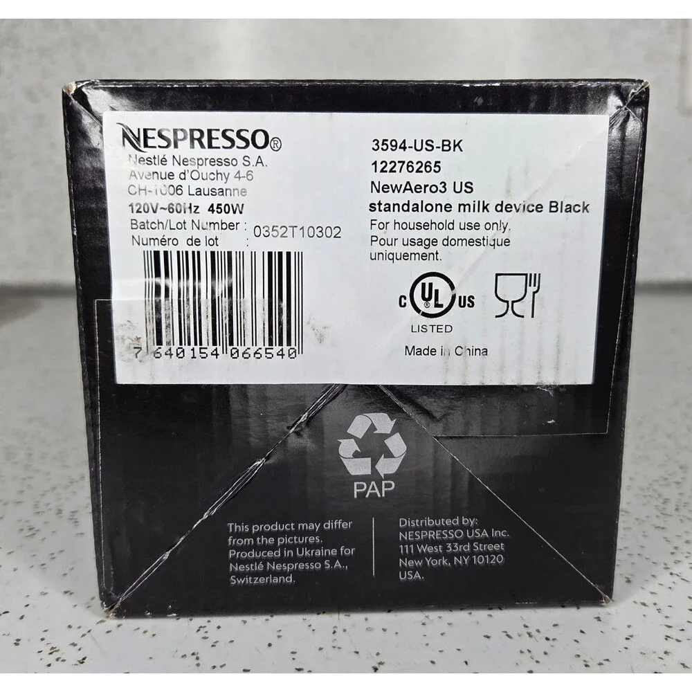 Nespresso Aeroccino 3 Electric Milk Frother Black 120V 60Hz 450W New Open Box